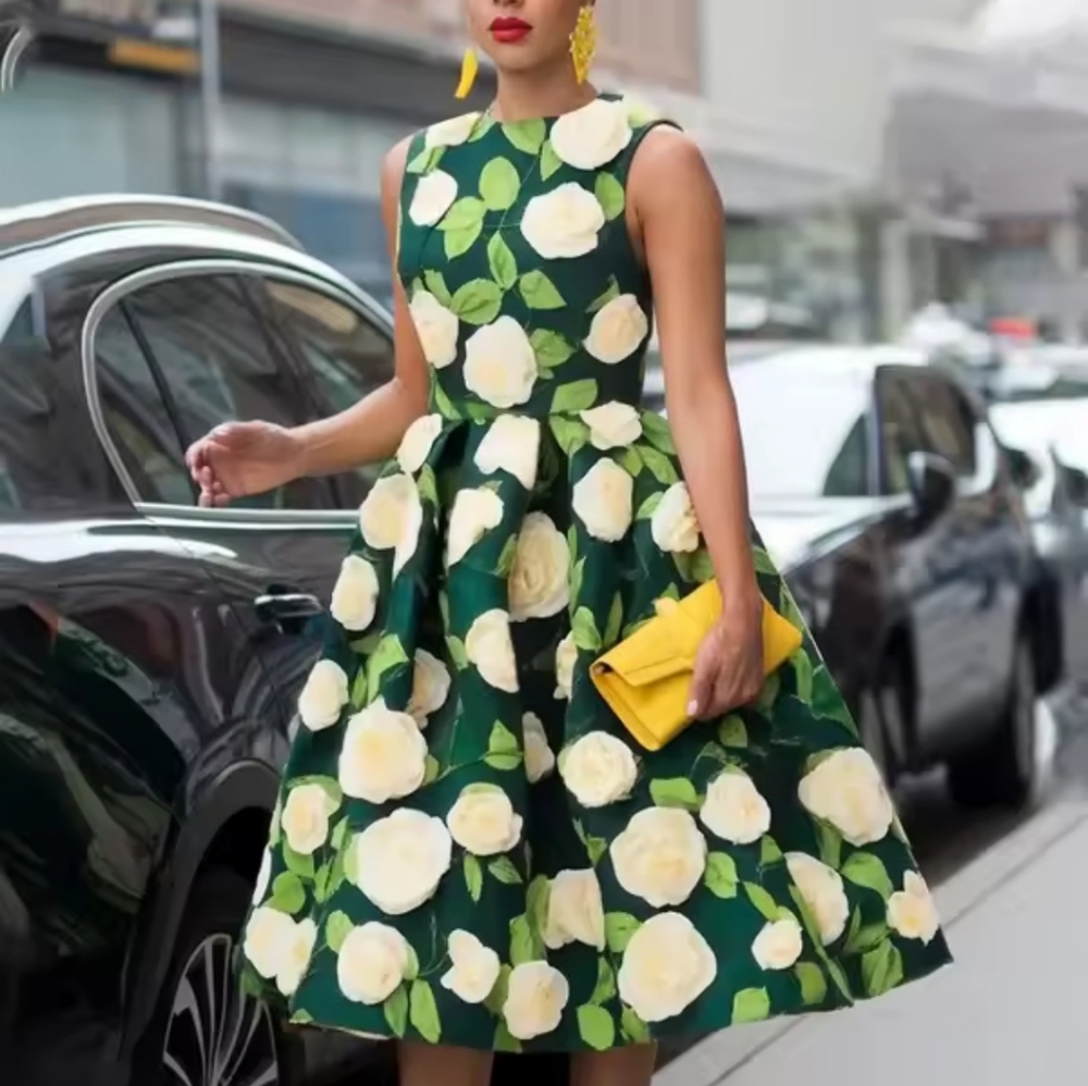 Chic Floral Green Midi Dress